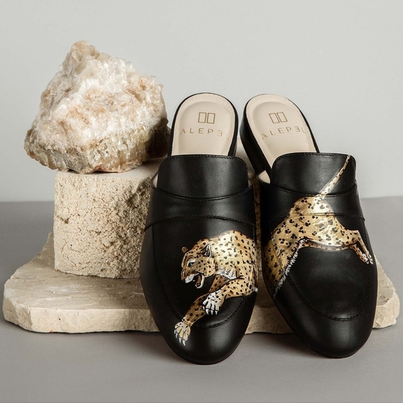 alepel Shoes - ALEPEL Leopard Black Mules – Hand-Painted – Size 6 – EUC